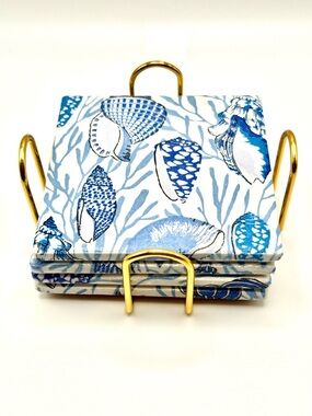 Blue Shell Ceramic Coaster Set with Gold Holder